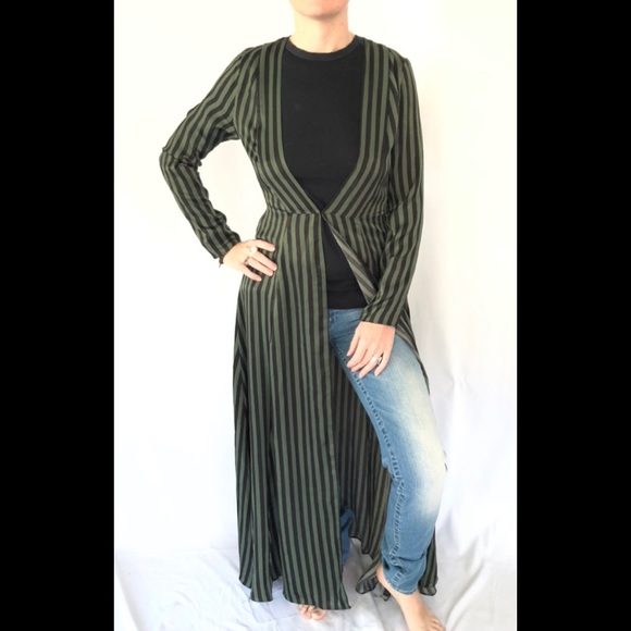 Olivaceous All Striped Out Kimono Duster Green - Picture 2 of 5
